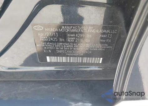 2013 Hyundai Sonata Se z USA, uszkodzony, nr VIN 5NPEC4AC6DH737404